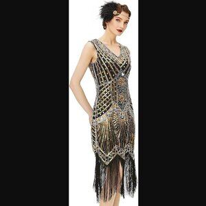 Babeyond Women's Flapper Dress - V Neck Gold Beaded Fringed